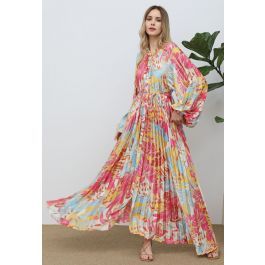 Coral Tropical Printed Full Pleats Button Down Asymmetric Maxi Dress | Chicwish