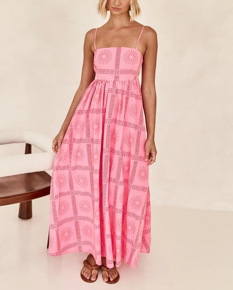 Women Summer Graffiti Maxi Dress Backless Spaghetti Strap Flowy Long Dress Graphic Print Vacation Beach Sundress at Amazon Women, Amazon Fashion | Amazon (US)
