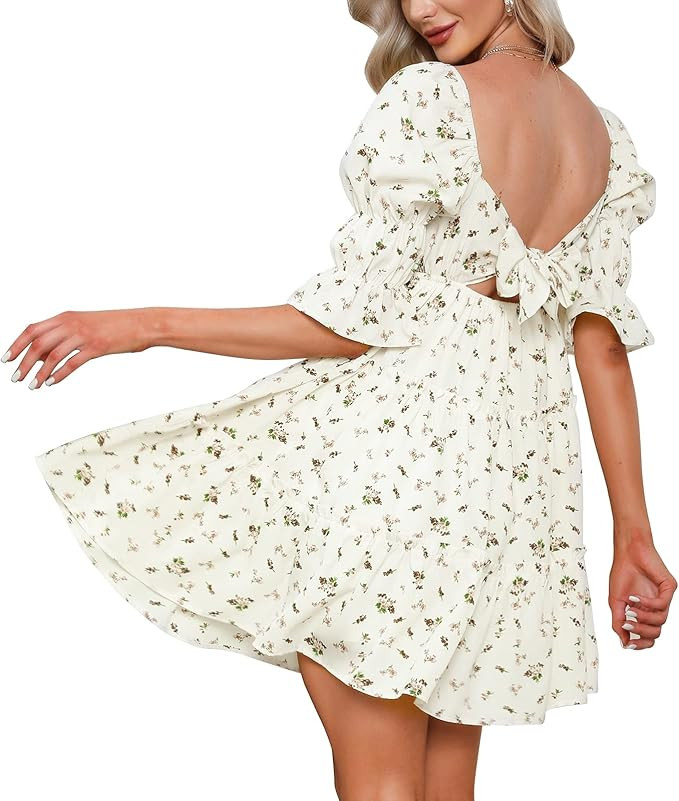 EXLURA Women's Tie Back Square Neck Dresses Puff Elbow Sleeve Off Shoulder Tiered Ruffle Floral B... | Amazon (US)