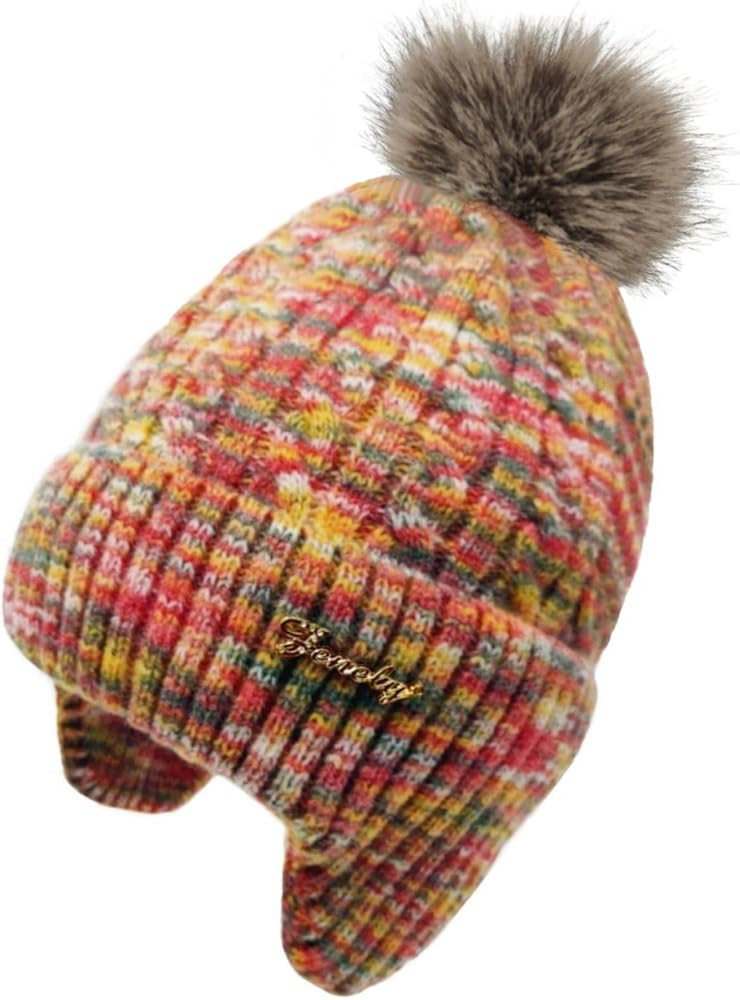 FENELY Women's Knitted Warm Beanie Winter Hat, Warm Chunky Snow Hat with Pompom | Amazon (US)