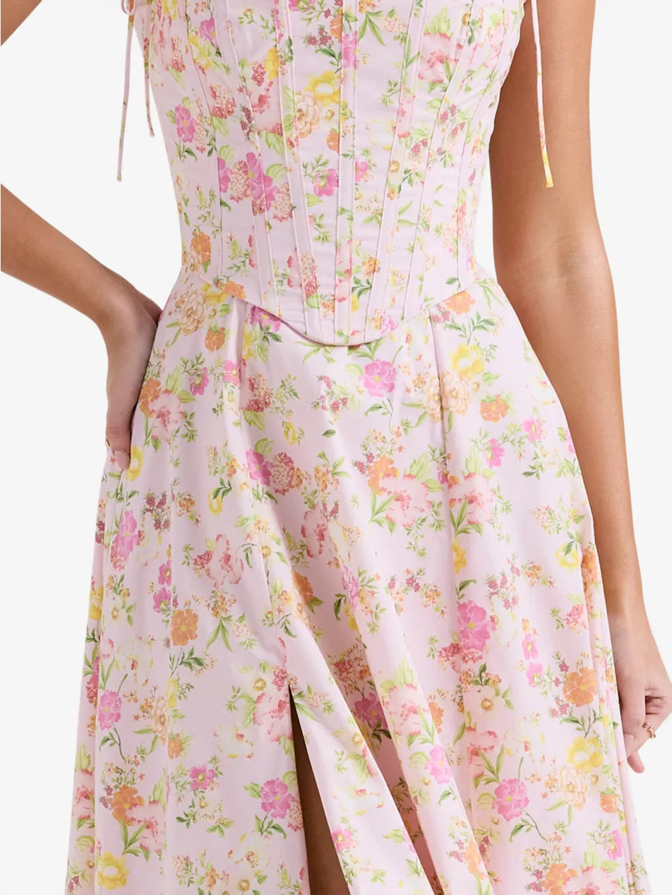 Clarabelle corseted floral-print stretch-woven midi dress | Selfridges