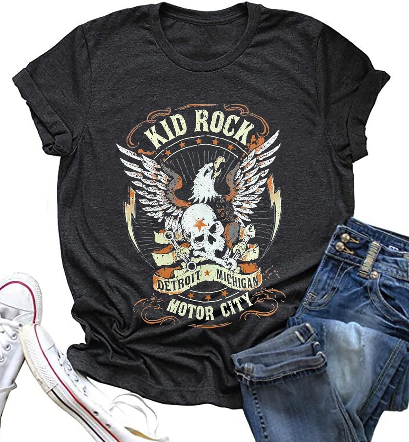 Kid Rock Skeleton Eagle T-Shirt Women Funny Vintage Rock Roll Music Concert Buddy Short Sleeve Ca... | Amazon (US)