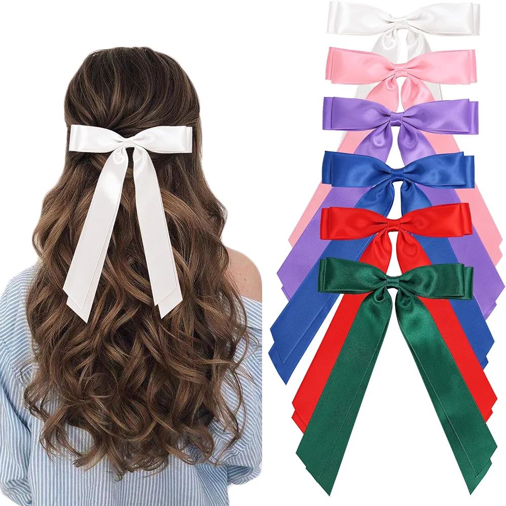Hair Bow Ribbons Clip for Women 6PCS Silky Satin Long Bow Clips for Hair Metal Barrettes Clips Do... | Amazon (US)