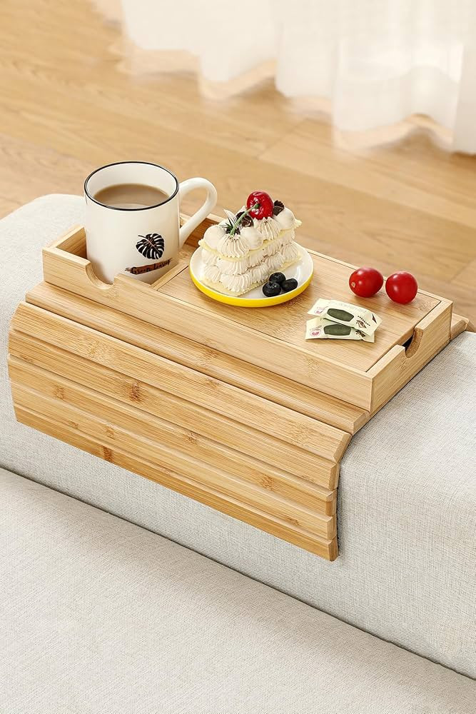 Bandeja de brazo para sofá, soporte para tazas de sofá grande de bambú con almacenamiento ocul... | Amazon (US)