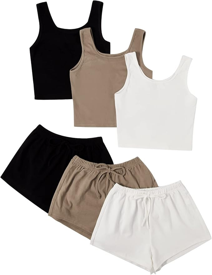 SheIn Women's 6 Pieces Outfits Tank Crop Top and Elastic Waist Shorts Lounge Set | Amazon (US)