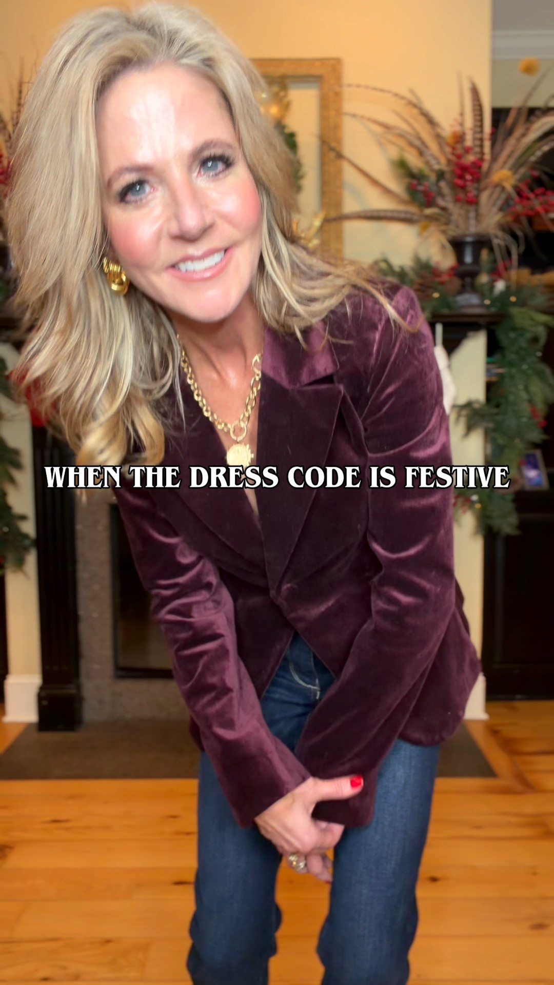 When you’re over red, try wearing burgundy!  It’s just as festive, and not everyone will be wearing it.

Do not miss out on this burgundy blazer.  It’s currently 30% off —on sale for $150!  I’m in the XS, and 25 in the jeans. Linking similar boots and clutch.

My cardigan and coated jeans are almost sold out, so I’m linking similar options!  This faux fur poncho is one size, and it’s one of my favorite coats this year.  

I’m in XS in the sweater, 25 in the coated jeans, XS in  the belt. The brown boots are very TTS—I wear a 9 and they fit me perfectly .

#LTKOver40 #LTKootd #LTKHoliday