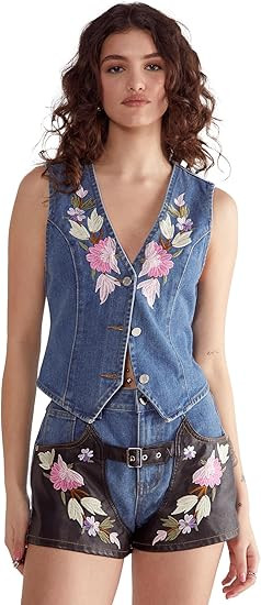 Nasty Gal Women's Floral Embroidered Denim Waistcoat | Amazon (US)