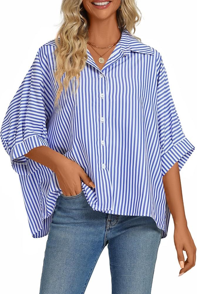 Vrtige Women's Casual Stripe Button Down Collar V Neck Half Sleeve Loose Blouse Shirt Top | Amazon (US)