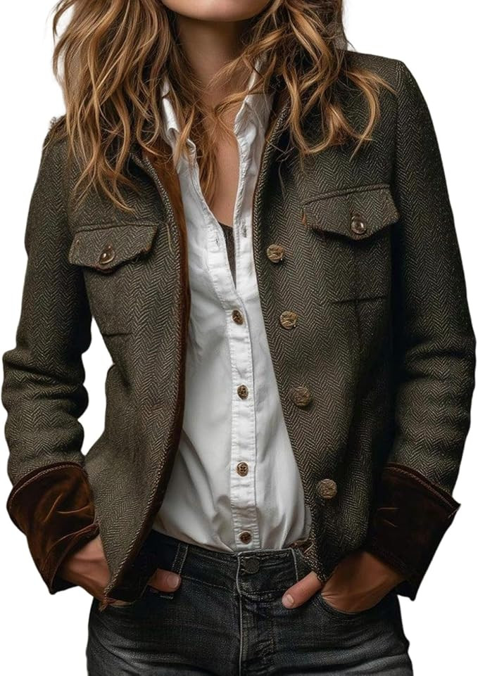 Women's Cropped Tweed Blazers Jacket Button Down Business Casual 2025 Fall Outfits Winter Coats w... | Amazon (US)