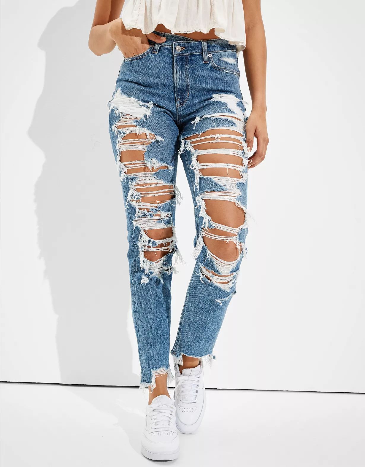 AE Stretch Crossover Ripped Highest Waist Mom Jean | American Eagle Outfitters (US & CA)
