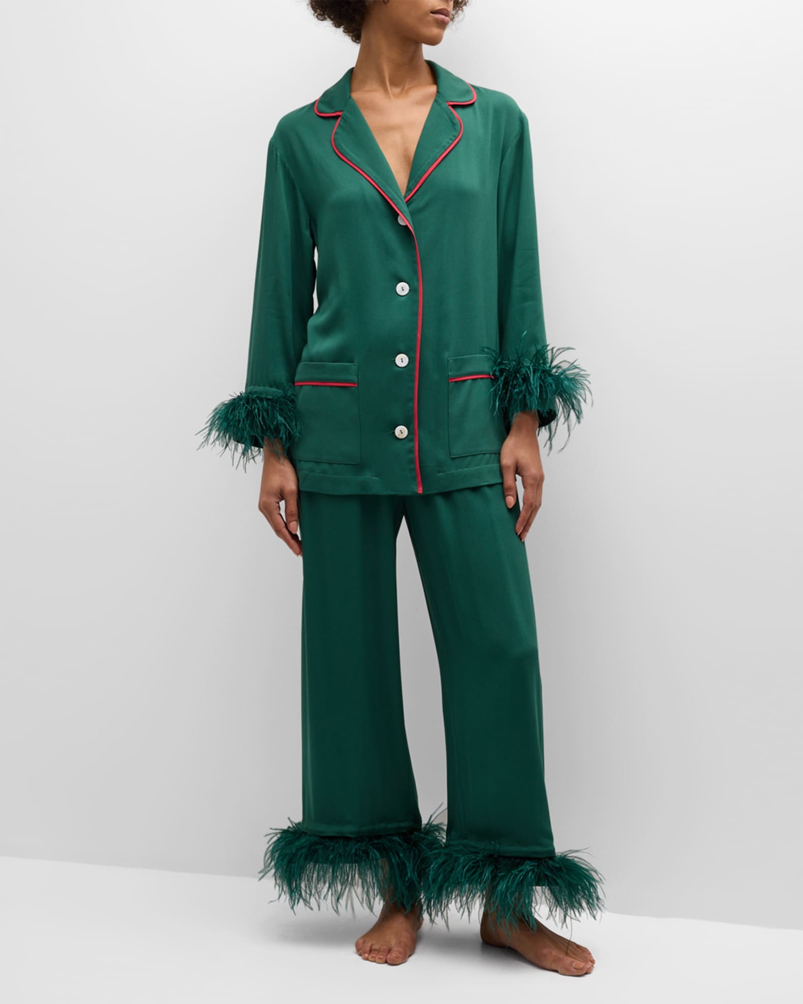Party Feather-Trim Cropped Pajama Set | Neiman Marcus