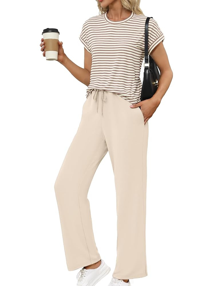 Glamaker Women's 2 Piece Sets Striped Summer Outfits Short Sleeve Shirts Wide Leg Pants Casual Lo... | Amazon (US)