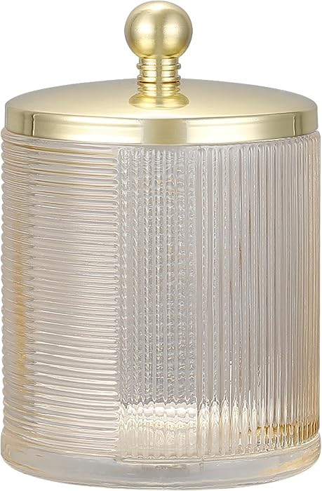 Tan Colored Tranlucent Apothecary Ribbed Geometric Etched Glass Jar W/Gold Metal Lid Cover for Ba... | Amazon (US)