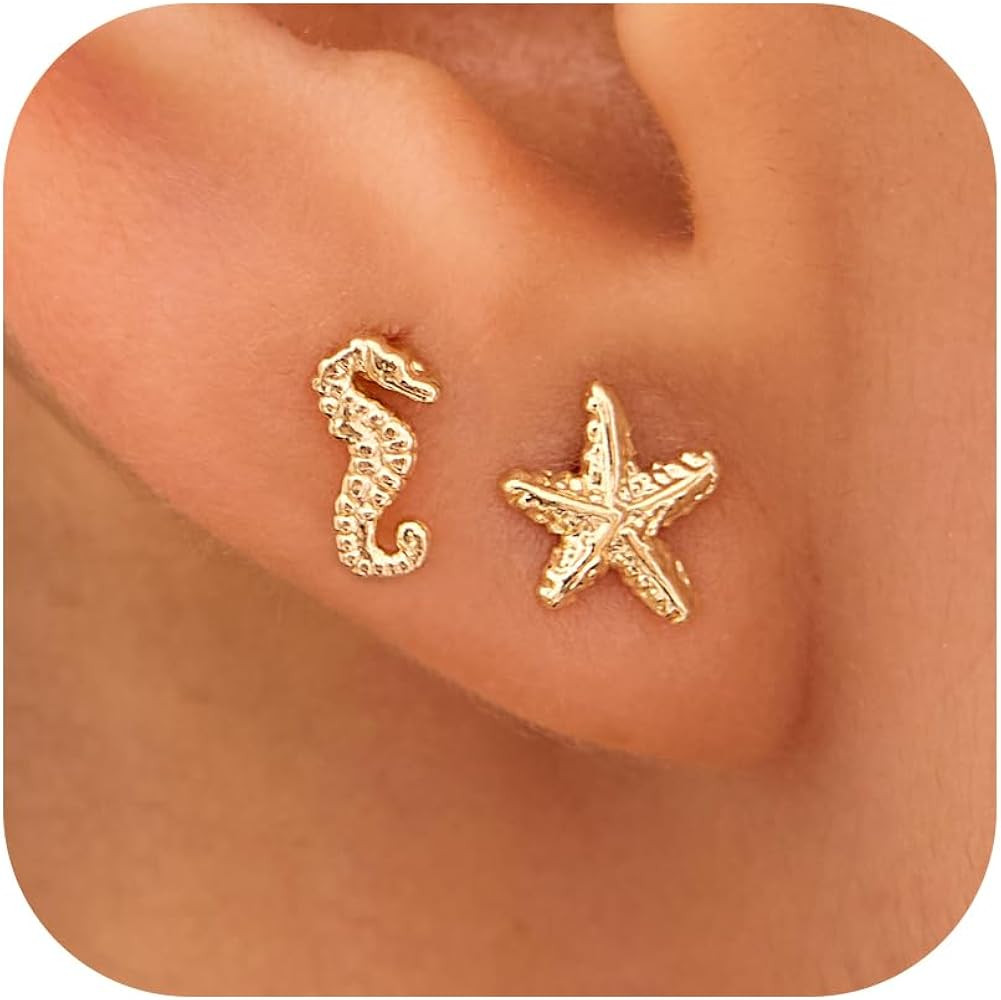 2 Pairs Small Sea Animal Earrings for Women – 14K Gold Plated Stud Earrings Set, Dainty Ocean-I... | Amazon (US)