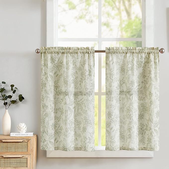 Lazzzy Kitchen Curtains Tier Curtains Linen Curtains Farmhouse Floral Green Kitchen Cafe Curtains... | Amazon (US)