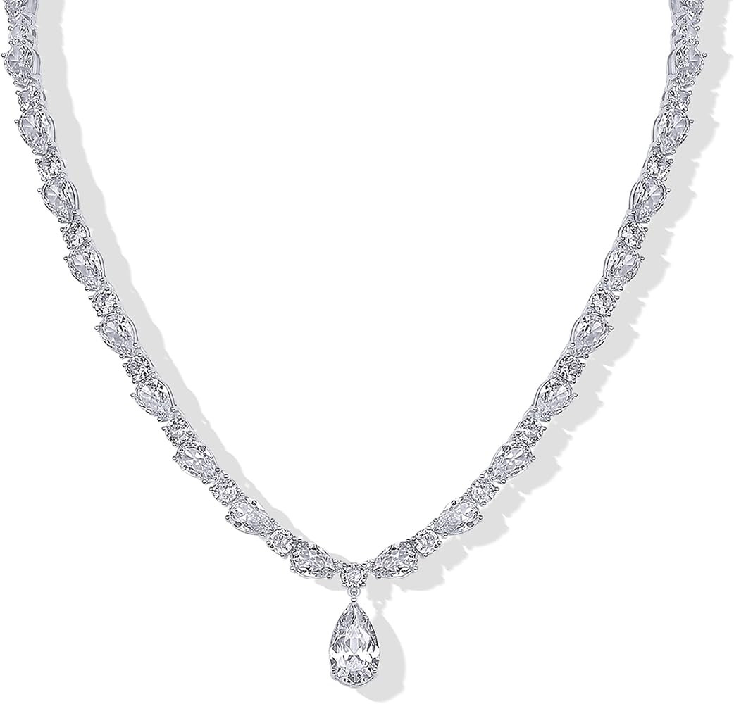 PAVOI 14K Gold Plated Pear Tennis Necklaces for Women, CZ Pendant Necklace | Amazon (US)