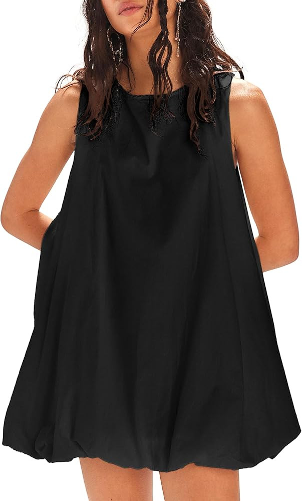 LTSCNRM 2026 New Womens Summer Bubble Hem Sundress Sleeveless Keyhole Tie Back Mini Dress Pockets | Amazon (US)