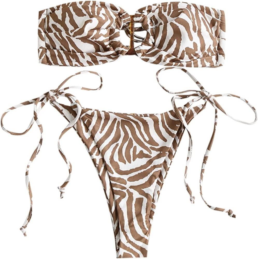 ZAFUL Women's Tie Dye Ribbed O Ring Lace Up Tie Side Bandeau Bikini Set Swimsuit | Amazon (US)