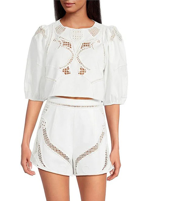 Hillary Embroidered Crew Neck Short Sleeve Cropped Cotton Coordinating Blouse | Dillard's