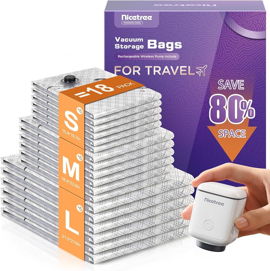Nicetree 18 Pack Vacuum Storage Bags for Travel with Rechargeable Pump | Amazon (US)