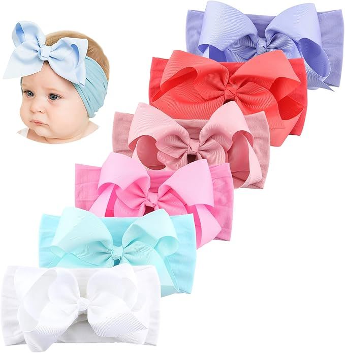 Makone Handmade Nylon Headband with Bows Stretchy Pom Pom Bun 5.5 inch Big Hair Bow Headband for ... | Amazon (US)