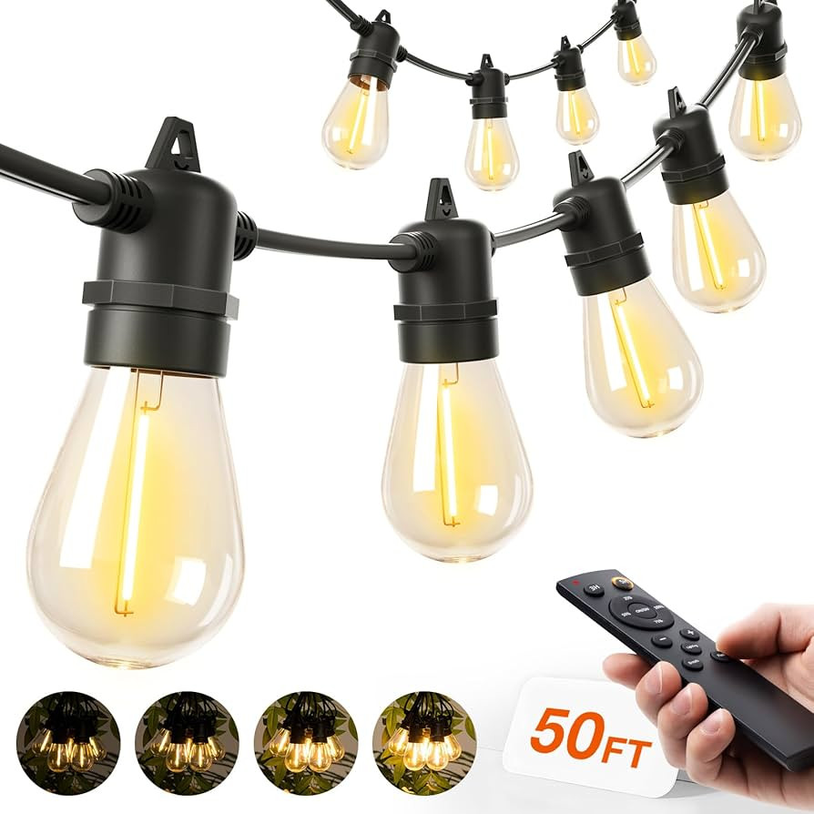 addlon 50FT LED Outdoor String Lights, Remote Dimmable Patio Lights with Timer & 3 Lighting Modes... | Amazon (US)