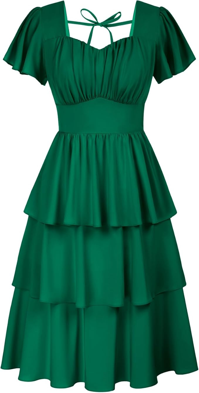 Belle Poque Women's Vintage Square Neck Dress 2026 Summer Short Sleeve Layered Tiered Ruffle A-li... | Amazon (US)