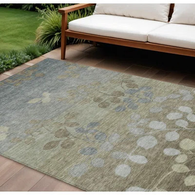 10' X 14' Khaki And Gray Floral Washable Indoor Outdoor Area Rug | Wayfair North America