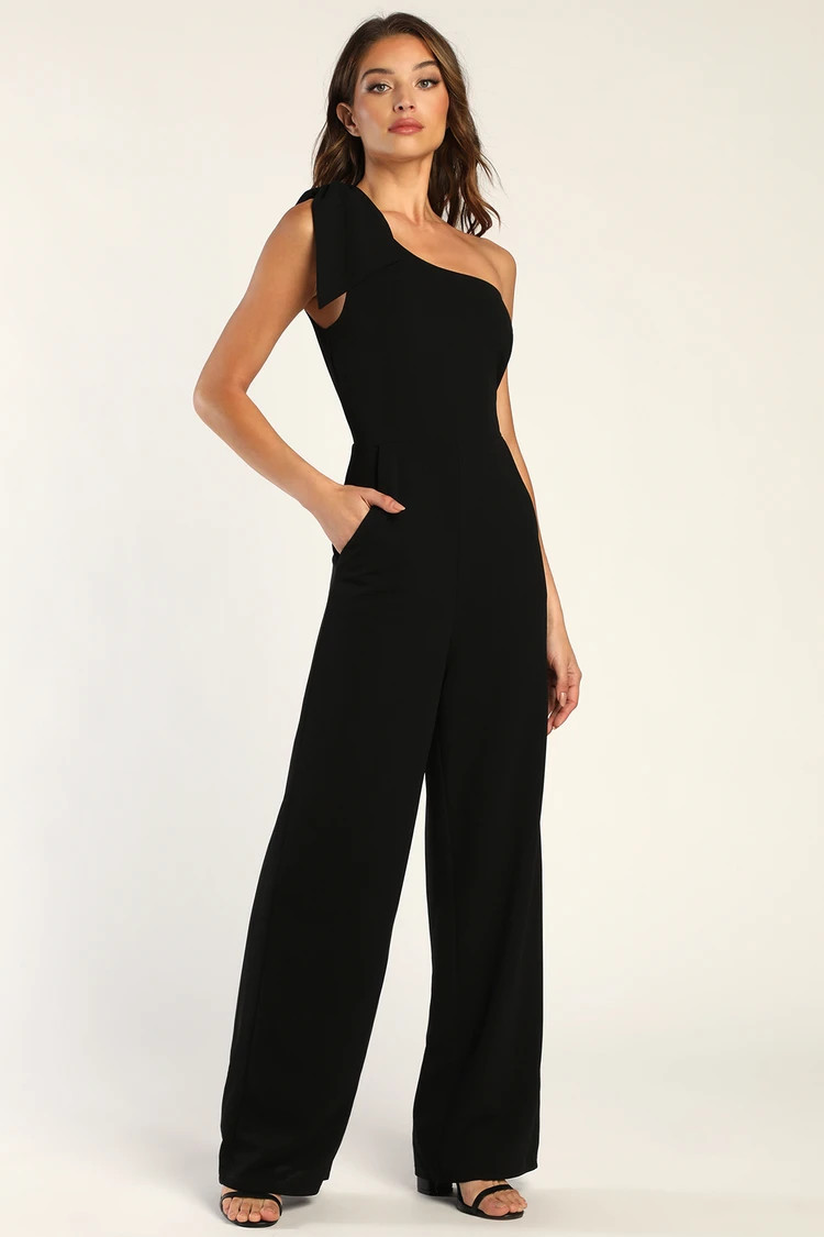 Loveliest Style Black One-Shoulder Wide-Leg Jumpsuit | Lulus (US)