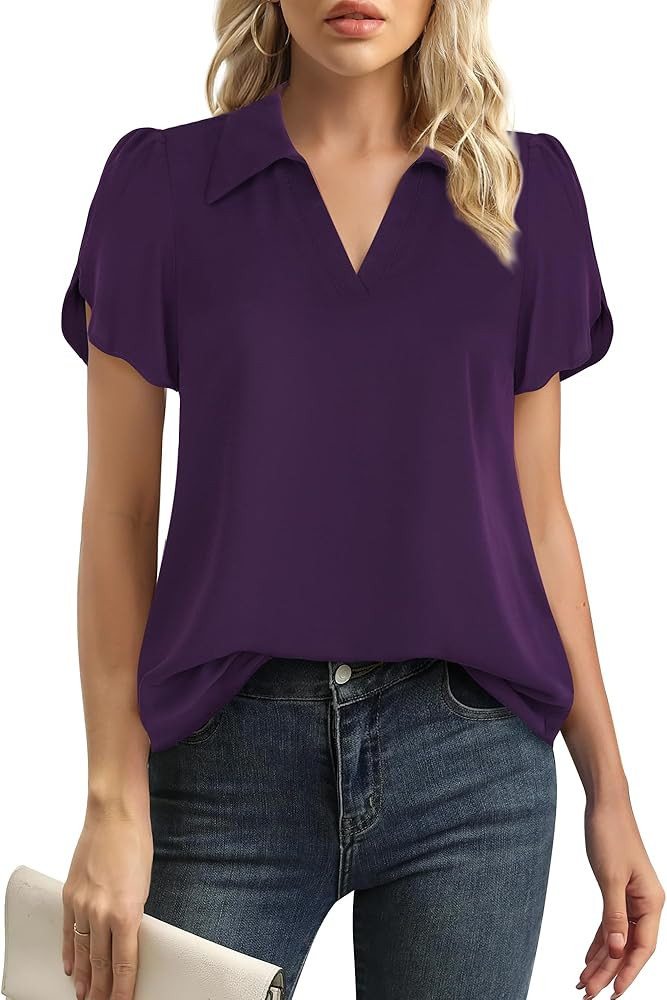 Lotusmile Womens Blouses Dressy Casual Puff Sleeve Tops Chiffon Work Collared Shirt | Amazon (US)