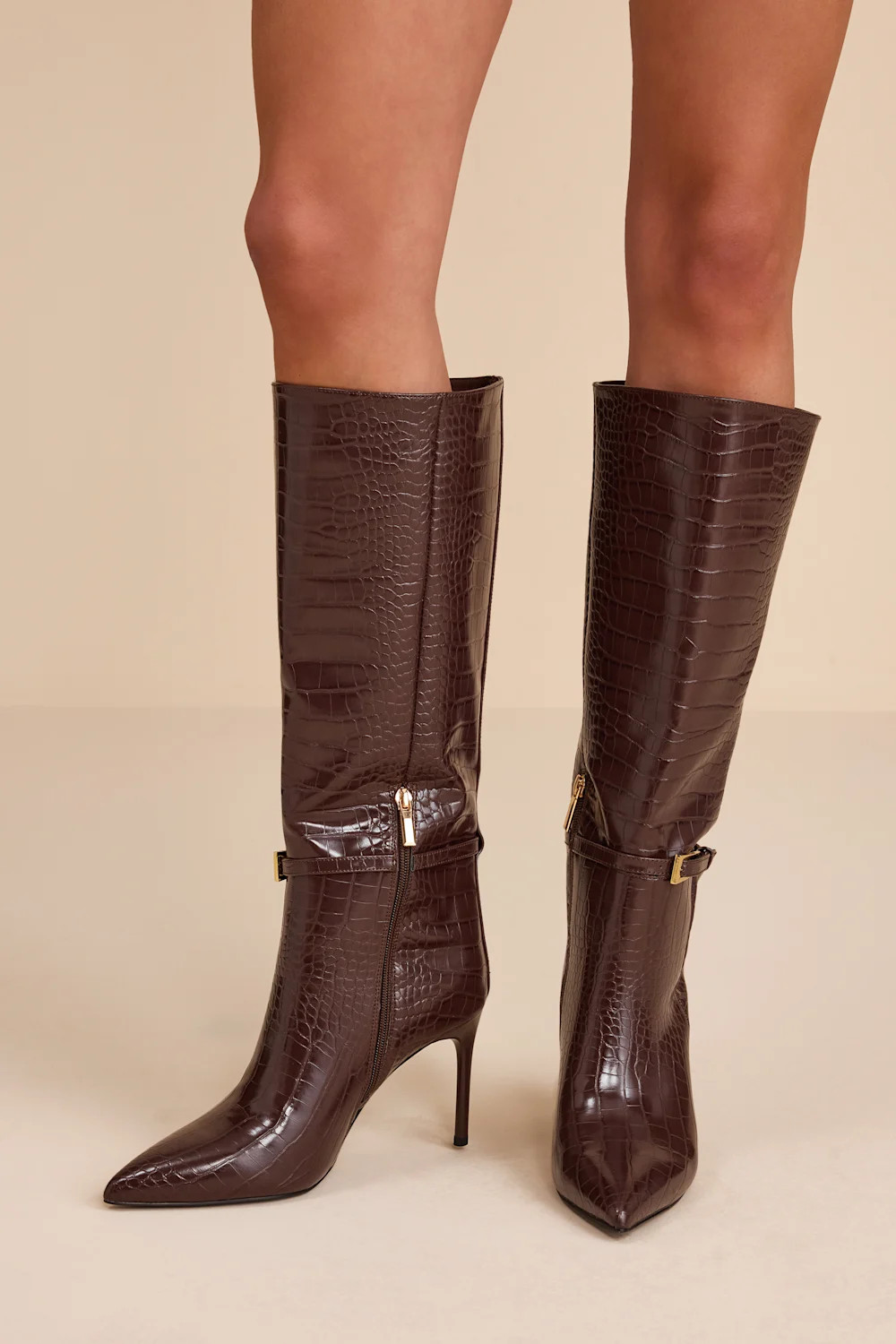 Cadee Brown Croc-Embossed Stiletto Knee-High Buckle Boots | Lulus