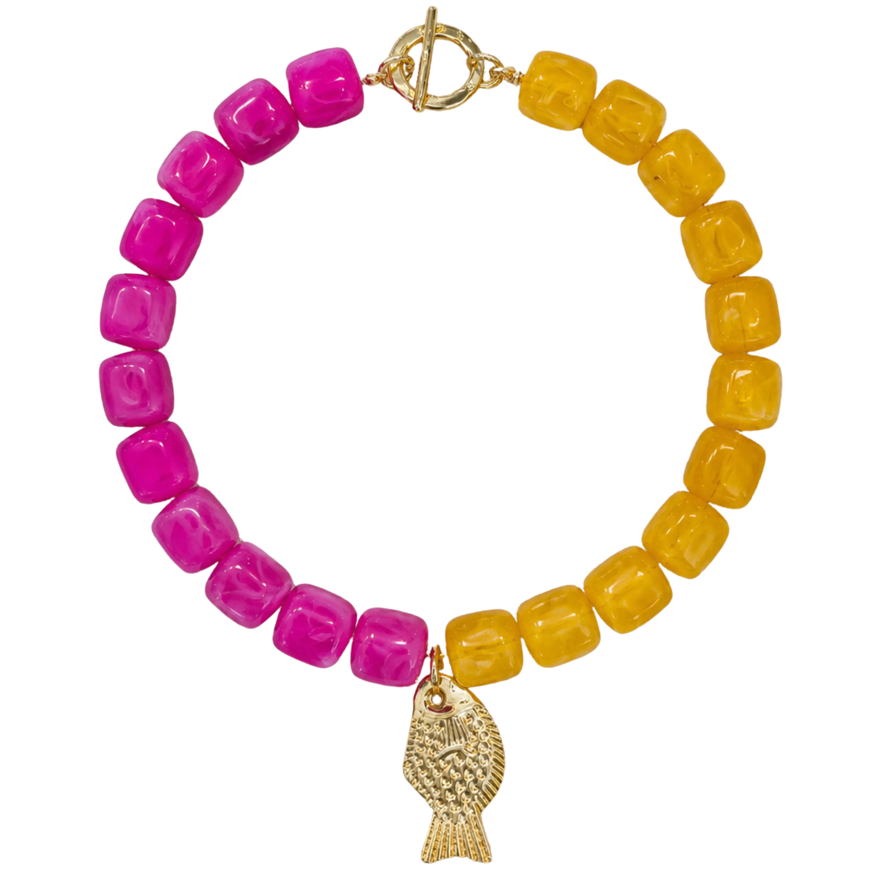 Pink and Yellow Chunky Beaded Fish Necklace | Logan Tay