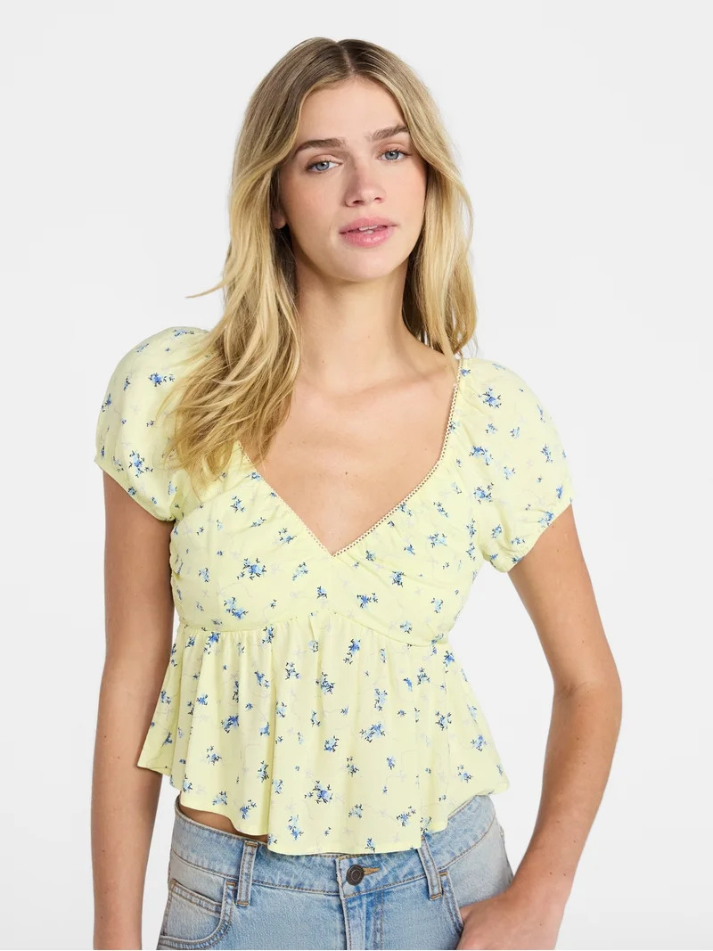 No Boundaries Picot Trim Babydoll Top, Women’s XXS-XXL | Walmart (US)