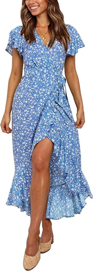 ZESICA Women's Summer Bohemian Floral Printed Wrap V Neck Beach Party Flowy Ruffle Midi Dress | Amazon (US)