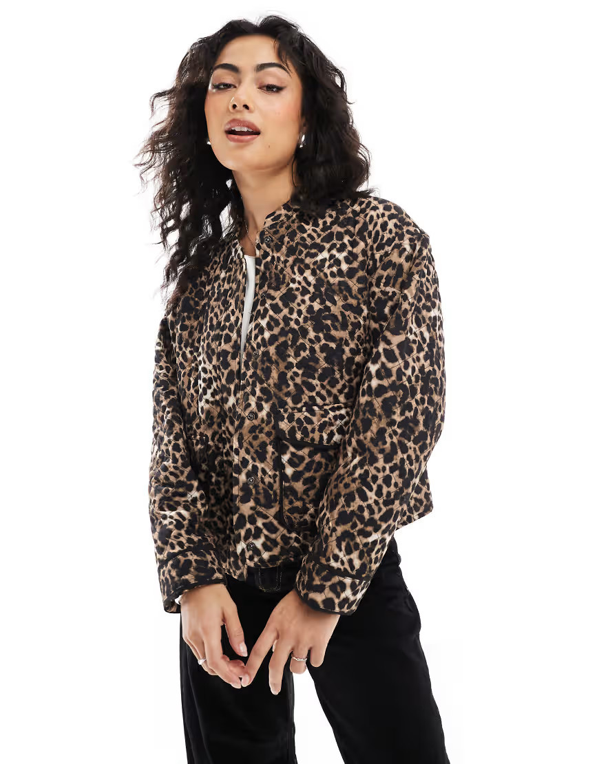 ONLY quilted jacket in leopard print-Brown | ASOS (Global)