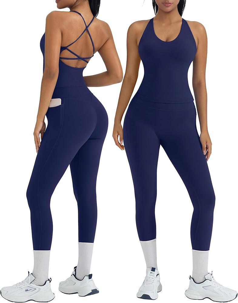 OMKAGI 2 Piece Workout Sets for Women Padded Workout Tops Booty Leggings with Pockets Gym Sets | Amazon (US)