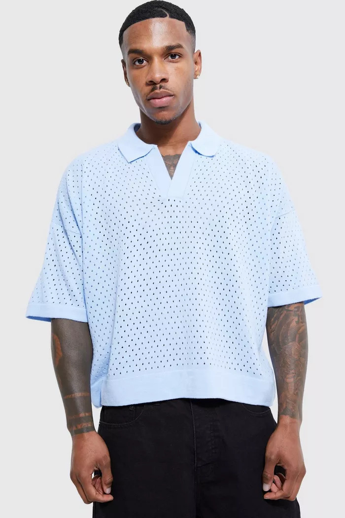 Short Sleeve Boxy Fit Revere Open Knit Polo | Boohoo.com (US & CA)