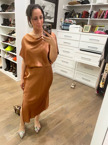 Found this copper satin off the shoulder dress in select sizes & colors.

#springdress 

#LTKover40 #LTKstyletip #LTKwedding