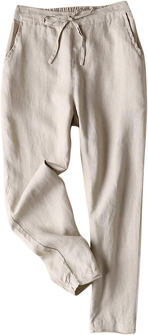 Yeokou Women's Casual Loose Solid Color Elastic Waist Cropped Cotton Pants | Amazon (US)