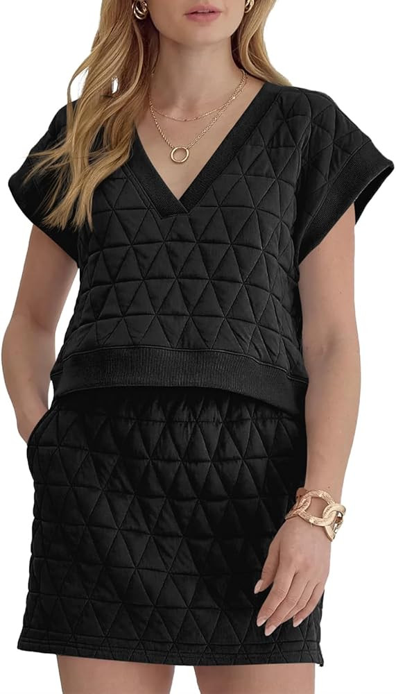 Fisoew Womens Argyle 2 Piece Outfits Skirt Sets Short Sleeve V Neck Tops and Casual Mini Skirts L... | Amazon (US)