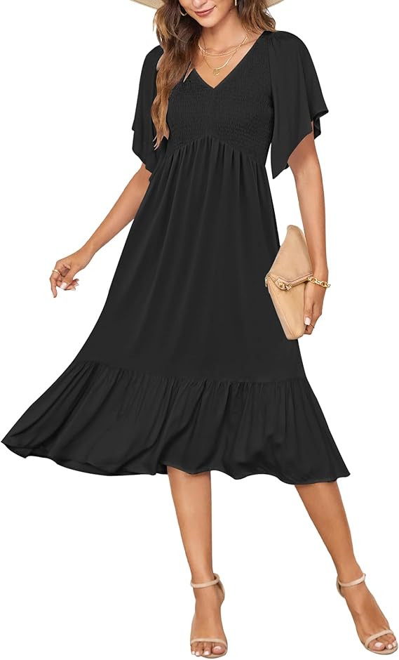 AUSELILY Women's Summer Empire Waist Dress Smocked Flutter Short Sleeve V Neck Midi Dresses 2026 ... | Amazon (US)