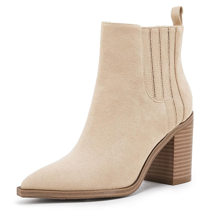 Womens Ankle Boots Slip on Pointed Toe Chunky Block Mid Heel Leather Elastic Panel Casual Chelsea... | Amazon (US)