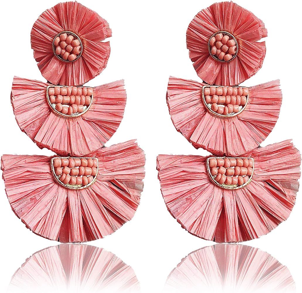 Statement Earrings Beaded Raffia Palm Bohemian Drop Dangle Earrings for women | Amazon (US)