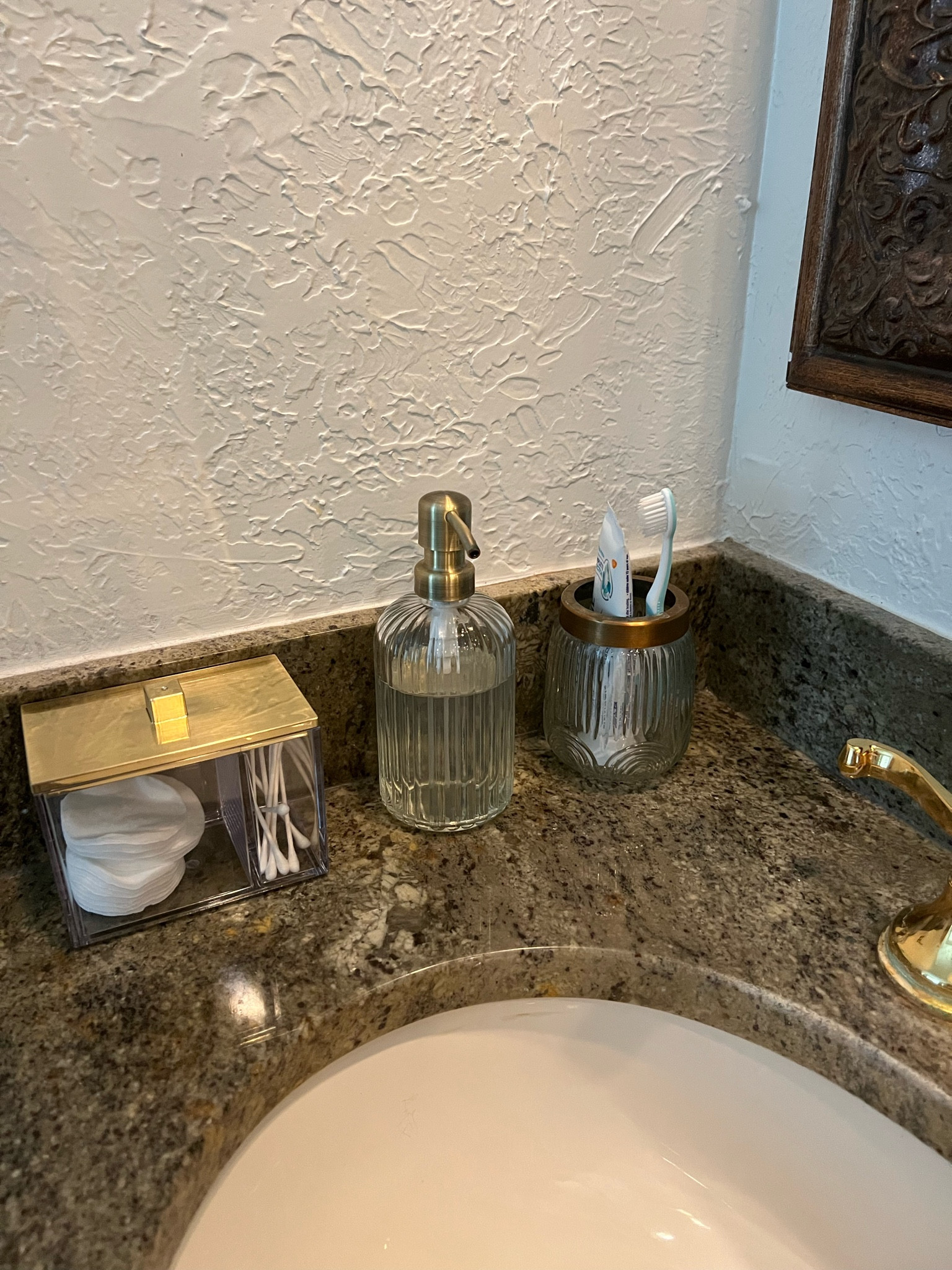 Brass accents for the bathroom 
Cotton pads / q-tips holder 
Liquid soap dispenser 
toothbrush holder

#LTKunder50 #LTKhome #LTKfamily