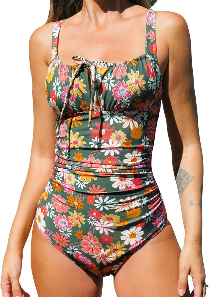 CUPSHE Women's One Piece Swimsuit Bathing Suit Square Neck Back Cut Out Drawstring Self Tie Back ... | Amazon (US)