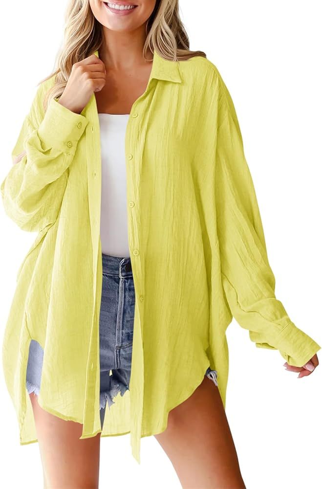 Saodimallsu Womens Oversized Button Down Shirts Long Sleeve Irregular Hem Blouse Tops | Amazon (US)
