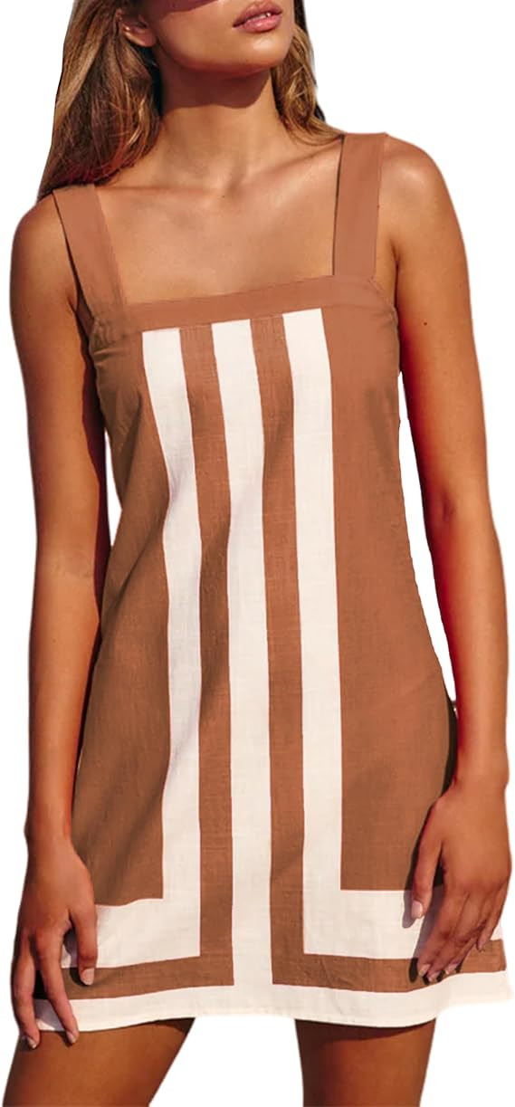 Fiona Jolin Women's Striped Mini Dress Boho Shoulder Strap Sundress Summer Cover Up Dress for Bea... | Amazon (US)