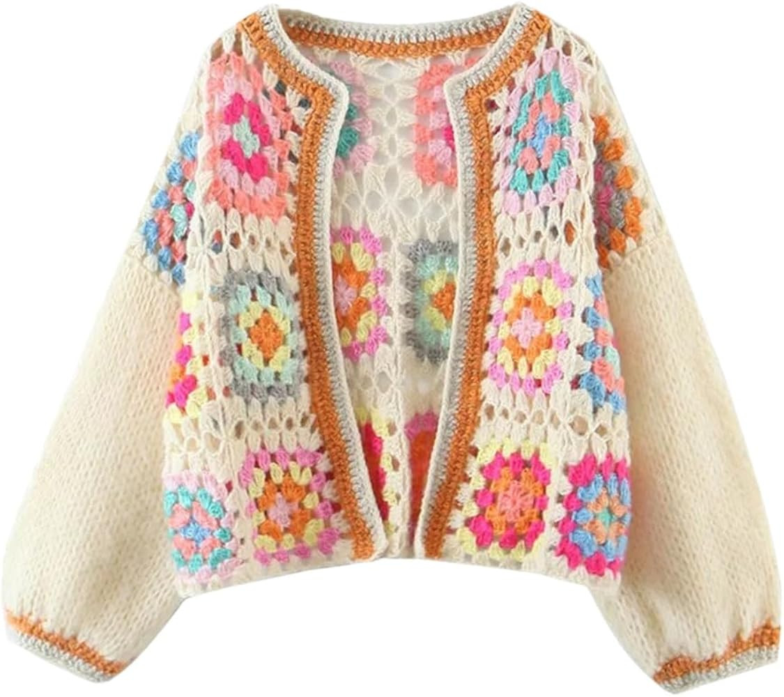 Women's Long Sleeves Short Knit Sweater Cardigan Hollowed-Out Hook Plaid Soft Jumper | Amazon (US)