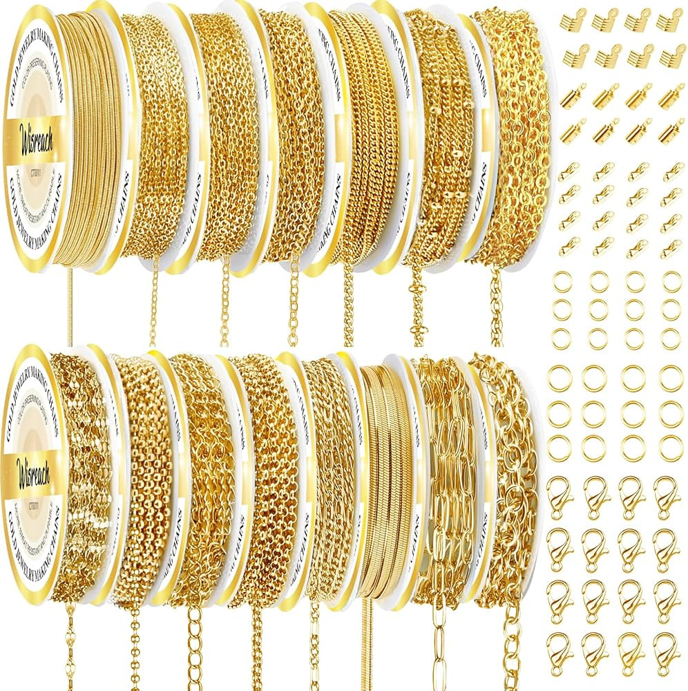 Wisreach Chains Jewelry Making Supplies Gold Chains for Making Jewelry, 111.5 Feet 15 Rolls Jewel... | Amazon (US)