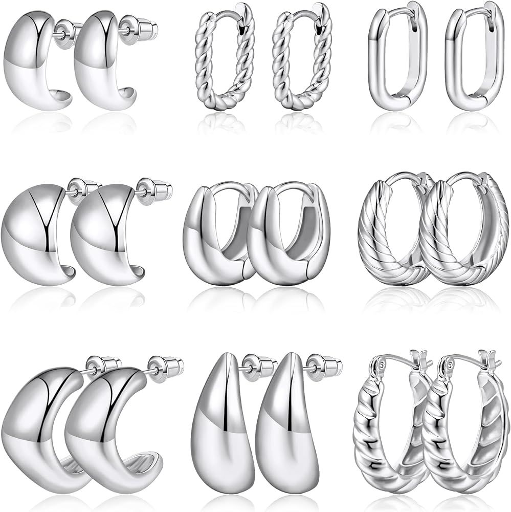 adoyi 9 Pairs Chunky Hoop Earrings Set, 14K Gold Hoop Earrings for Women Hypoallergenic, Thick Op... | Amazon (US)